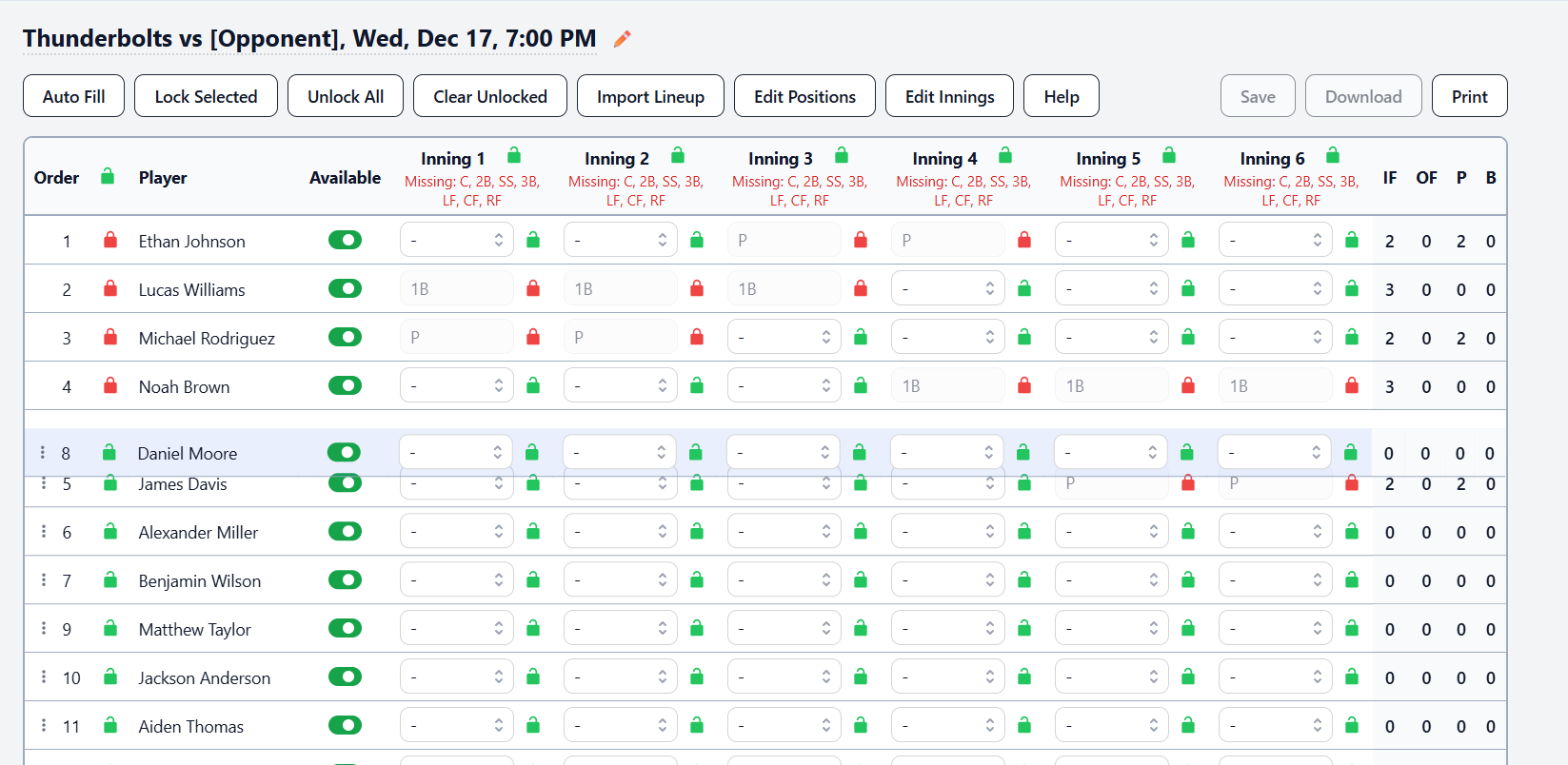 Drag and drop batting order